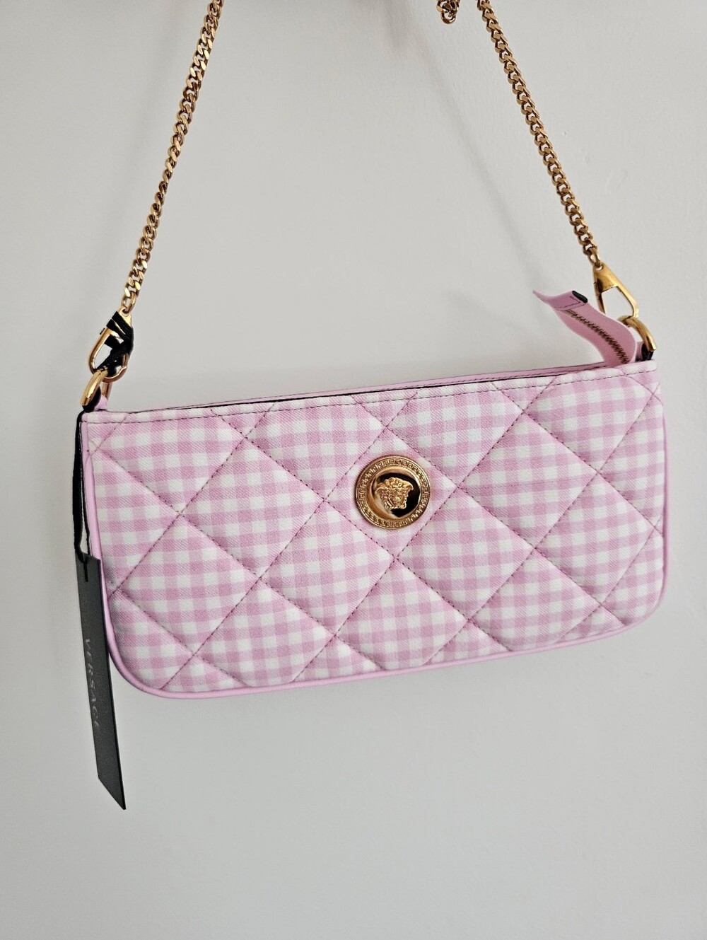 NWT Versace Pink Quilted Gingham Shoulder or Crossbody Bag with Gold Chain - Picture 16 of 16